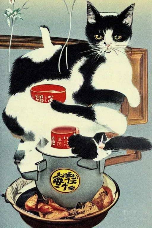 Prompt: cat advertisment, still life, 1 9 7 0 s japan shouwa advertisement, print, nostalgic