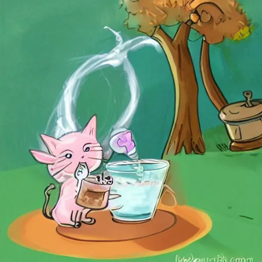 Prompt: a happy cute cat-fairy brewing a magic potion