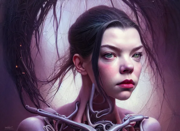 Image similar to portrait shot of anya taylor - joy in ghost in the shell, intricate, elegant, highly detailed, centered, digital painting, artstation, concept art, smooth, sharp focus, illustration, artgerm, tomasz alen kopera, peter mohrbacher, donato giancola, joseph christian leyendecker, wlop, boris vallejo biomechanical