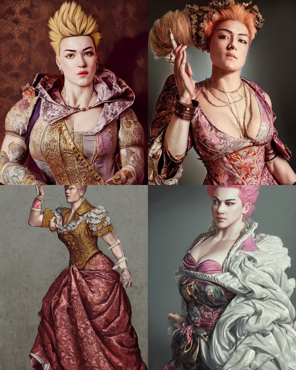 Prompt: Detailed Baroque painting of Zarya from overwatch as an elegant noblewoman, brocade dress, hyperrealistic, hyperdetailed, intricate, soft lighting, big and strong |