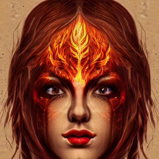 Image similar to artistic drawing of beautiful female face, with skin from flames, hair from flames, eyes from flames, body from flames and everything else made entirely from flames, trending on Artstation