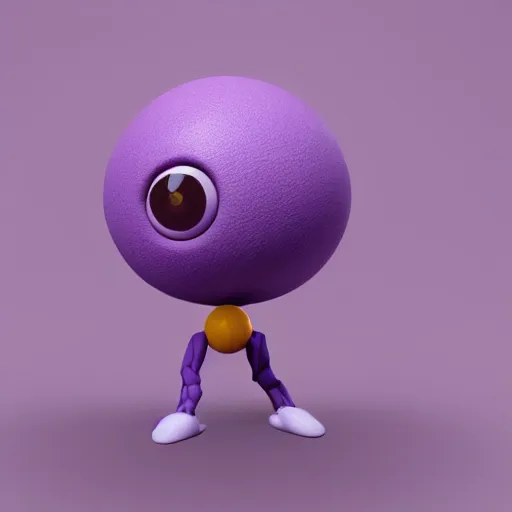 Image similar to photo of a comically tiny clay model of character with large spherical purple head and large childlike eyes with comically tiny body and spindly limbs leans close to the camera, fish eye lens, 4 k, hyper realistic, hyper detailed face, octane render, comedic, cute