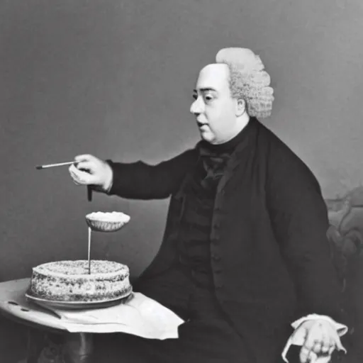 Image similar to colorized photo of G.F. Handel in powdered wig eating cake