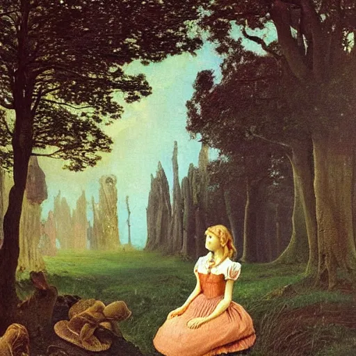 Image similar to Alice in Wonderland, painted by Caspar David Friedrich, oil painting