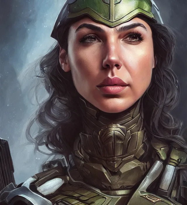 Image similar to detailed portrait of gal gadot as doomguy, attractive, beautiful, fantasy, intricate, elegant, highly detailed, digital painting, artstation, concept art, matte, sharp focus, illustration, art by aenaluck, artgerm and roberto ferri and greg rutkowski, epic fantasy, digital painting