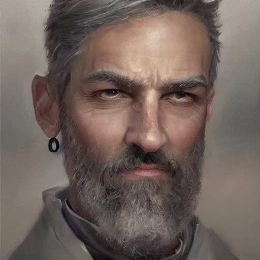 Image similar to An oil painting of a man dressed in priest robes, 50 years old, short grey hair, trimmed beard, sharp facial features, beautiful, highly detailed, by Cédric Peyravernay, by greg rudkowski, trending on artstation