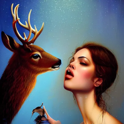 Image similar to a dramatic portrait of a woman showing affection to deer, cinematic lighting, symmetric face by karol bak, christopher balaskas