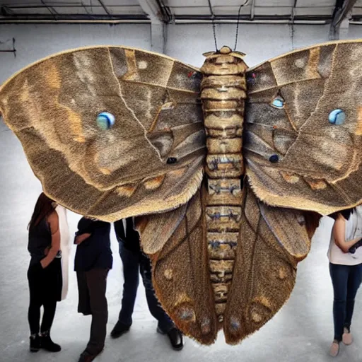 Prompt: a group of people gathered in a warehouse, worshipping a giant moth, highly detailed, 8 k, realistic,