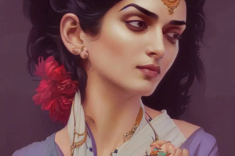 Image similar to sensual pale beautiful indian doctor in jeans, art deco portrait, elegant, intricate, digital painting, artstation, concept art, smooth, sharp focus, illustration, art by artgerm and greg rutkowski and alphonse mucha