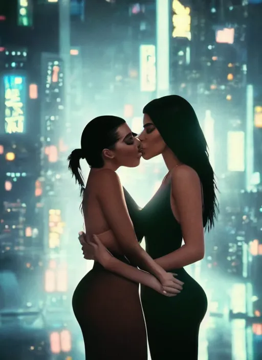 Image similar to film still of kylie Jenner kissing kim kardashian romanticly, scenic cyberpunk city backround, cinematic lighting, cinematic