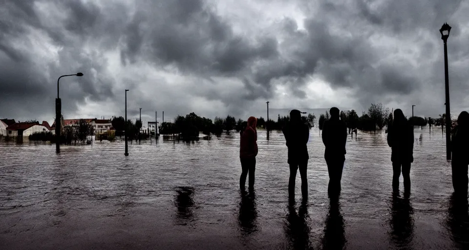 Image similar to the silhouette of 4 people standing in front of a small german town that's being flooded, stormy weather, moody lighting, medium full shot