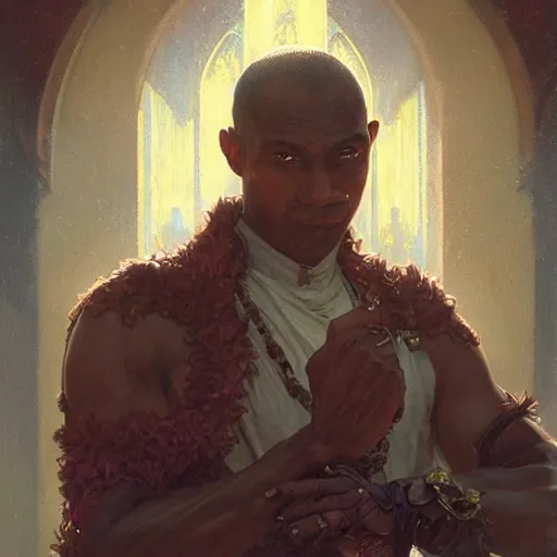 Image similar to brown-skinned male priest, fantasy, powerful, elegant, intricate, beautiful lighting, by Stanley Artgerm Lau, greg rutkowski, thomas kindkade, alphonse mucha, loish, norman Rockwell