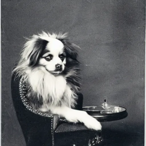 Prompt: A Tibetan spaniel sitting in an armchair with a cocktail on a small round table beside him