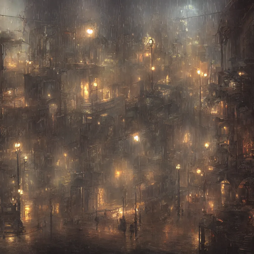 Image similar to steam punk city, concept art, light rain