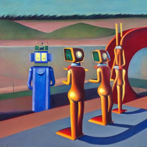 Image similar to robots queue up for water slide, grant wood, pj crook, edward hopper, oil on canvas