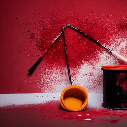 Image similar to a clean studio photography set, there is a bucket of red paint in the middle and it has just exploded, there is paint EVERYWHERE