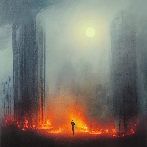 Prompt: A burning building on a foggy night with figures standing in the fog, gothic art, color, detailed