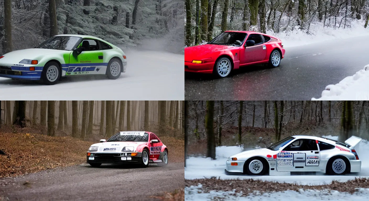 Prompt: a 1 9 9 4 nissan fairlady z version s twin turbo, racing through a rally stage in a snowy forest