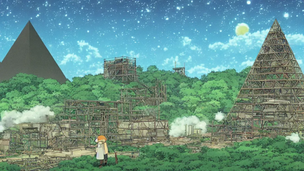 Image similar to a movie still from a studio ghibli film showing a huge industrial mining runoff storage facility and a pyramid under construction in the background, in the rainforest on a misty and starry night. by studio ghibli