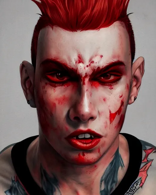 Prompt: young man with a short red dyed mohawk, red eyes and a slim face, gauged ears, dressed in crustpunk clothing, headshot, attractive, handsome, in color, no makeup, model, trending on artstation, high quality art, character design, realism