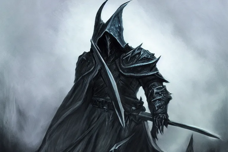 Prompt: concept art mood painting environment painting witch king of angmar wielding black sword lord of the rings. style of, ryan church, jon mccoy, george hull, painting