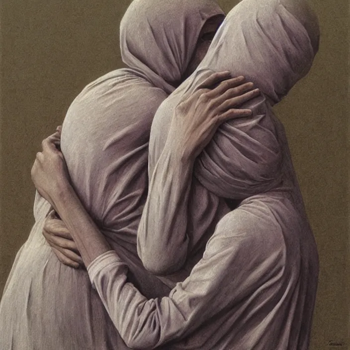 Prompt: two women hugging with a paper bag over the head, dressed in plastic bags, highly detailed, artstation, art by (((zdislav beksinski))), wayne barlowe, edward hopper