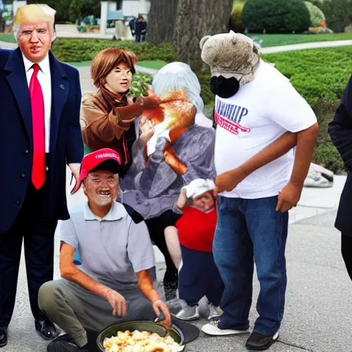 Image similar to donald trump feeding the homeless in the style of studio ghibli