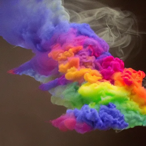 Prompt: multi color smoke with the small outstretched ribbed wings and head of a fairytale dragon, billowy, 8 k, 4 k