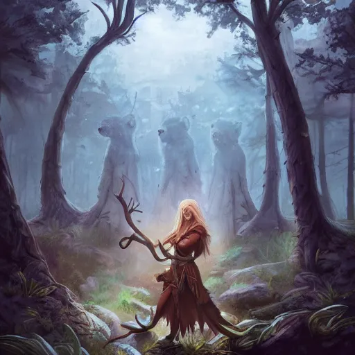 Image similar to elven druid summoning bears in the forest, d & d inspired, trending on artstation, ultra fine detailed, hyper detailed, hd, concept art, digital painting