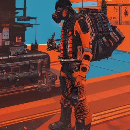 Image similar to mechanic wearing cyberpunk 2 0 7 7 industrial mechanical arms. orange and black color scheme. concept art by james gurney and mœbius. ( apex legends )