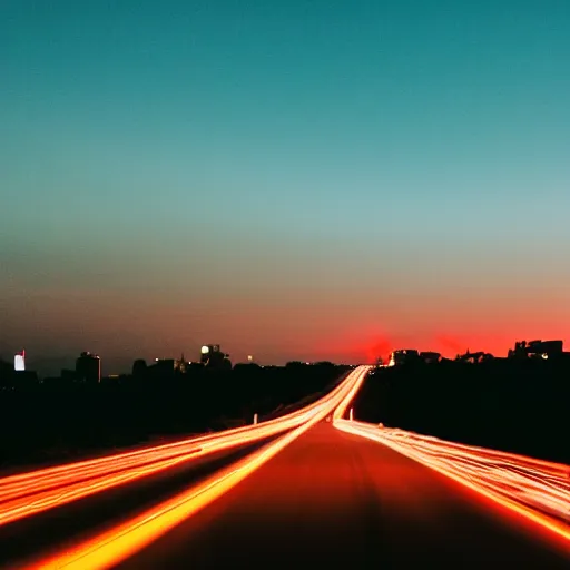 Image similar to photography of car driving down dark road during sunset jdm light posts city in the background