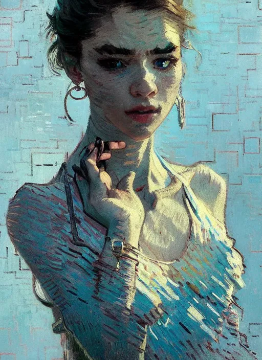Prompt: portrait of beautiful girl, necklace, ecstatic, dancing, eyes closed, shades of pastel blue and light grey, new york backdrop, beautiful face, rule of thirds, intricate outfit, spotlight, by greg rutkowski, by jeremy mann, by francoise nielly, by van gogh, digital painting