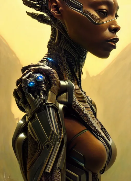 Prompt: organic cyborg, wakanda, diffuse lighting, fantasy, intricate, elegant, highly detailed, lifelike, photorealistic, digital painting, artstation, illustration, concept art, smooth, sharp focus, art by John Collier and Albert Aublet and Krenz Cushart and Artem Demura and Alphonse Mucha