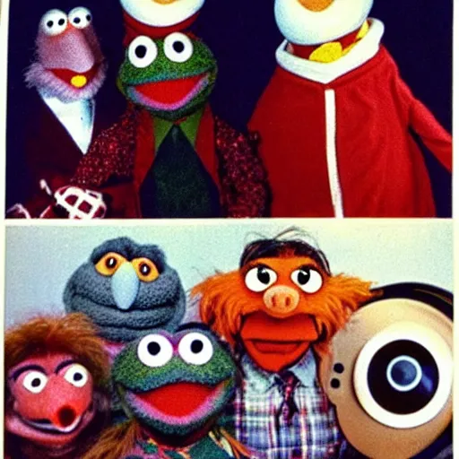 Prompt: family photo of creepy muppets, teeth, googly eyes, photo from the 70s