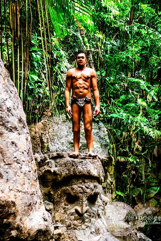 Image similar to mid distance photo of mayan jaguar warrior standing on the diving board in las pozas, 3 5 mm, highly detailed, color photo, cinematic lighting