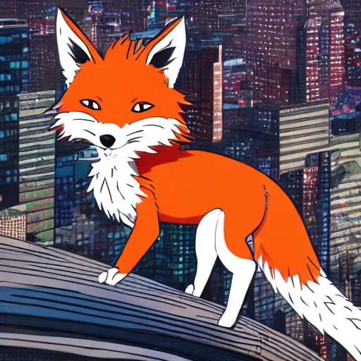 Prompt: key anime visual of an anthropomorphic fox, wearing a tuxedo on a city rooftop at sunrise, modern anime style, official anime still