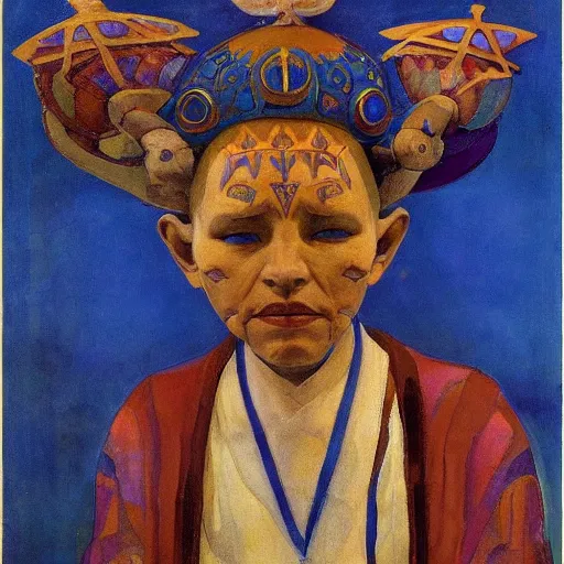 Prompt: the bone crown, by Annie Swynnerton and Nicholas Roerich and Diego Rivera, blue skin, elaborate costume, geometric ornament, rich color, dramatic cinematic lighting, smooth, sharp focus, extremely detailed