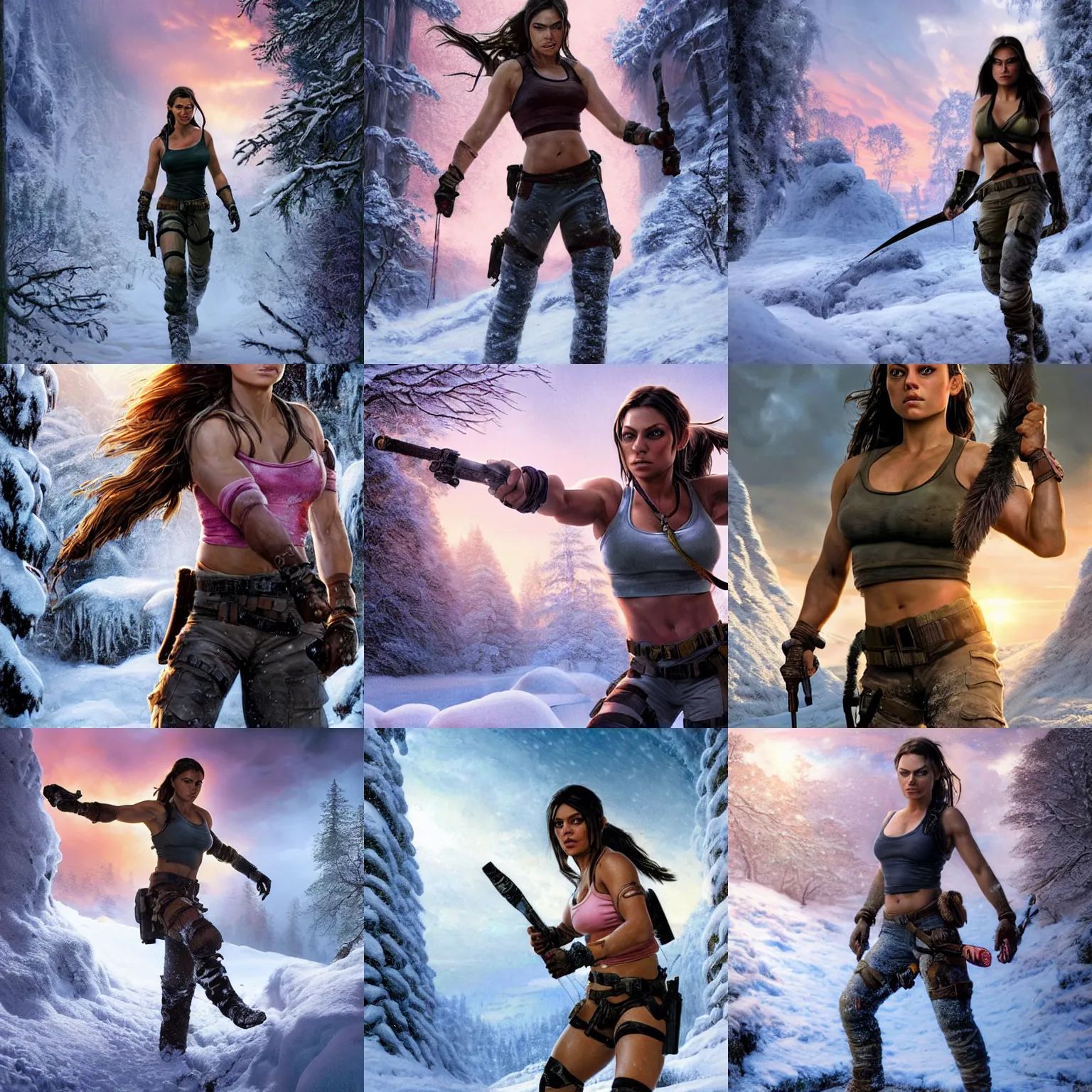 Prompt: epic portrait of Mila Kunis as muscled Amazon Lara Croft walking through deep snowy ruins, sun rays through snow, pink golden hour, cold stormy wind, intricate, highly detailed, shallow depth of field, epic vista, Ralph Horsley, Daniel F. Gerhartz, Artgerm, Boris Villajo, Lilia Alvarado. IMPORTANT : Two coherent arms, two coherent legs.