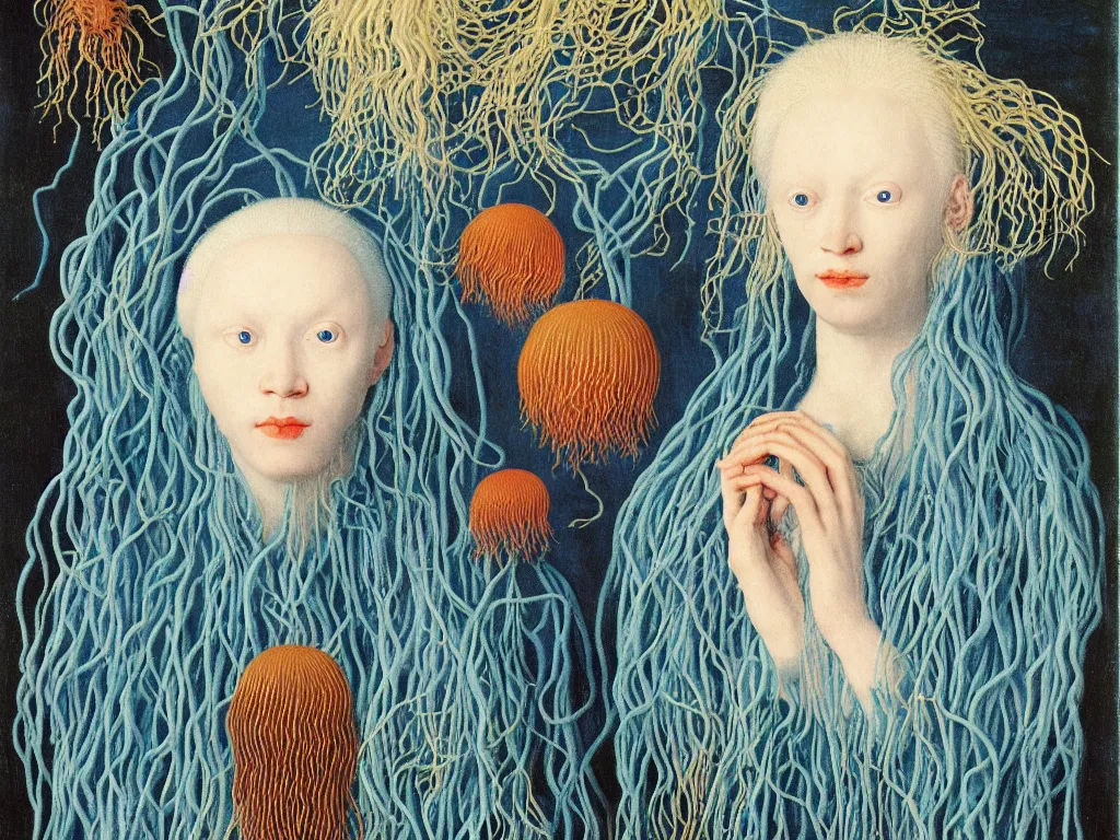 Prompt: Portrait of albino mystic with blue eyes, with exotic beautiful medusae, jellyfish. Painting by Jan van Eyck, Audubon, Rene Magritte, Agnes Pelton, Max Ernst, Walton Ford