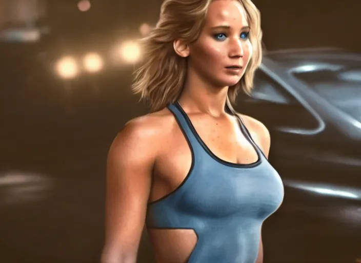 Prompt: movie still of bodybuilder jennifer lawrence, wearing spandex, lifting a car, dark, mist, cinematic lighting, octane render, photorealistic, closeup at the faces, digital painting, drew struzan, gta v cover art