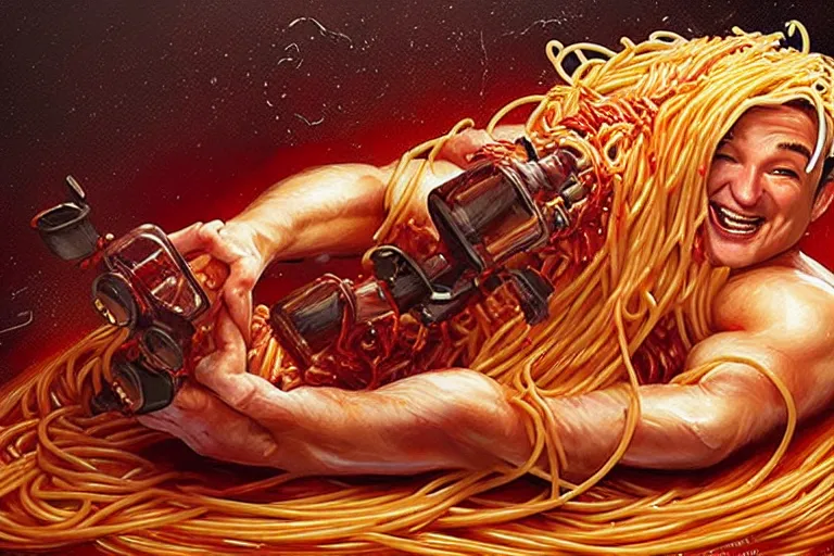 Image similar to portrait of ted cruz rolling around in spaghetti, an oil painting by ross tran and thomas kincade