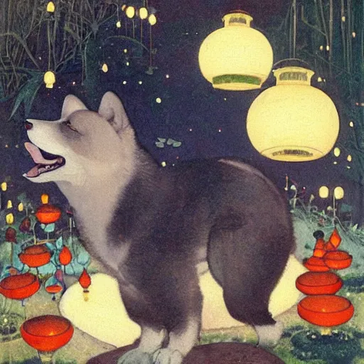 Image similar to portrait of a sitting red akita inu dog in a moonlit garden surrounded by floating lanterns, by warwick goble and kay nielsen