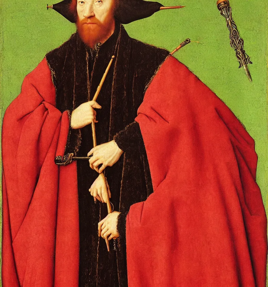 Image similar to painted portrait of a glorious wizard with a magic wand wearing a rich embroidered velvet cloak, 1 6 th century, hans holbein the younger, jan van eyck, gerit dou,