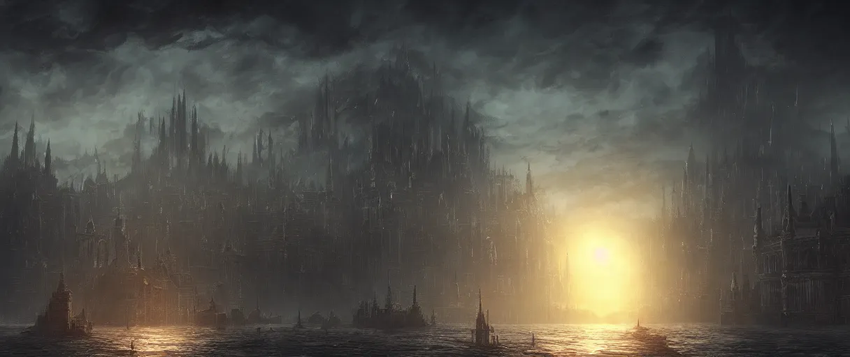 Image similar to large floating cities on top of huge floating islands, above sea, concept art, digital painting, in the style of Bloodborne, dark souls, demon souls, dark, night time, volumetric lighting, large scale, high detail, trending on art station, view from afar