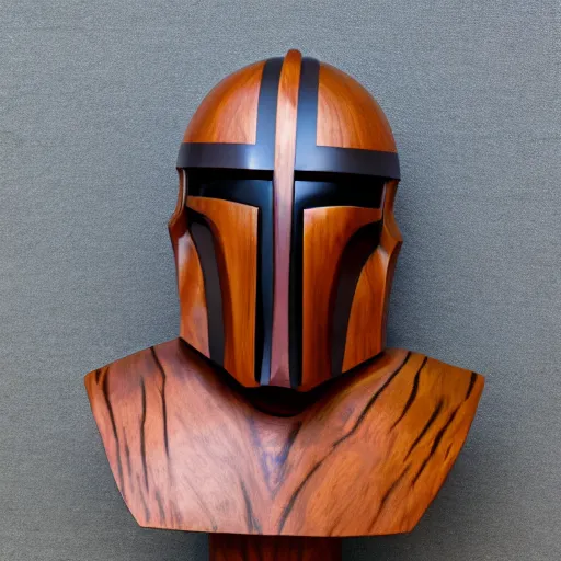 Image similar to a completely made of wood, real - world sculpture bust of the mandolorian star - wars character, made of highly polished walnut wood, polished, cedar, polished tiger - wood. photograph, photographic, 3 5 mm