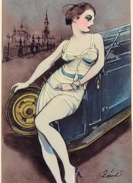 Prompt: Louis Icart, an old colored drawing of a woman posing in front of a 1920's car by Louis Icart, highly detailed, masterpiece