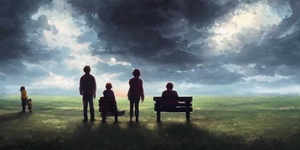 Image similar to a family with sorrow faces sitting on a bench, dramatic sky, close up shot, anime art, Greg Rutkowski, dramatic lighting