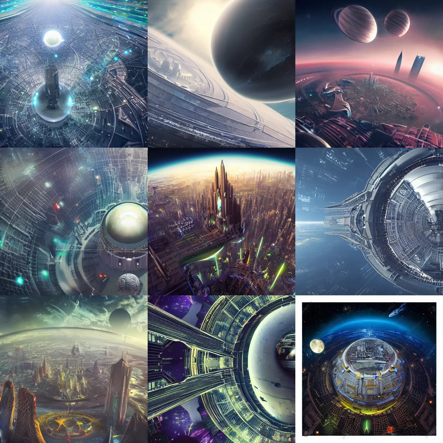 Prompt: orbital perspective of a utopian futuristic planet with a huge gargantuan building and city megastructure big enough to protrude from the planet atmosphere, epic, vast, gothic, space scene, beautiful, colorful, dark, rich, intricate detail, realistic, epic, gargantuan