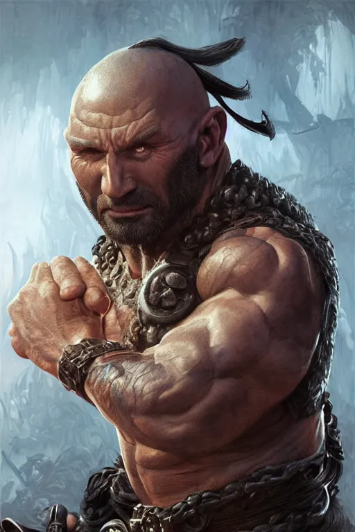 Prompt: ultra realistic illustration, hulking herculean dave bautista as a rogue pirate thief from baldurs gate and diablo, intricate from baldurs gate, elegant, highly detailed, digital painting, artstation, concept art, smooth, sharp focus, illustration, art by artgerm and greg rutkowski and alphonse mucha