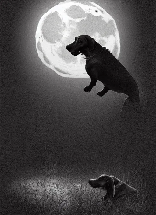 Image similar to a dachshund howling at the moon dark colors, sinister atmosphere, dramatic lighting, cinematic, establishing shot, extremely high detail, photo realistic, cinematic lighting, pen and ink, intricate line drawings, by Yoshitaka Amano, Ruan Jia, Kentaro Miura, Artgerm, post processed, concept art, artstation, matte painting, style by eddie mendoza, raphael lacoste, alex ross